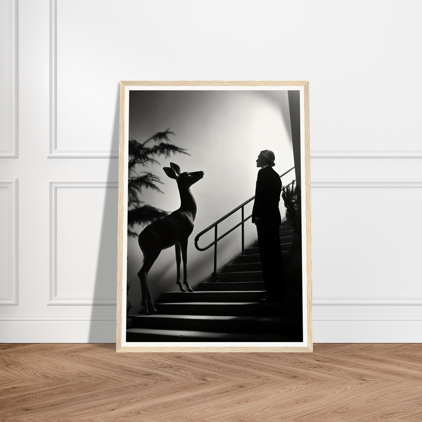 Framed black and white photograph showing a silhouette of a person and a deer on stairs.