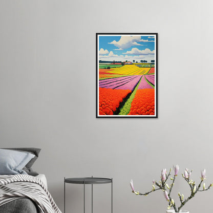 Framed photograph of colorful tulip fields stretching to the horizon under a blue sky with clouds.