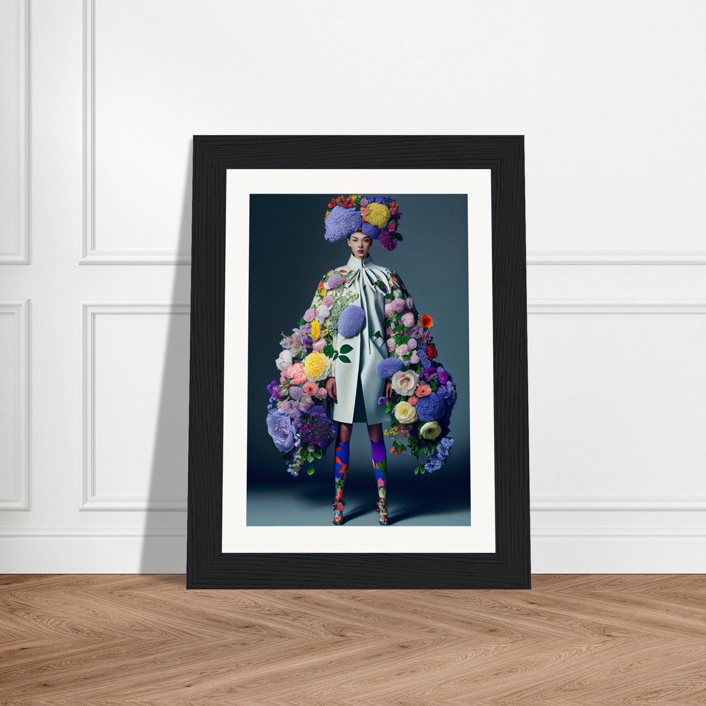 Framed photograph of a person wearing an extravagant floral costume and headpiece.