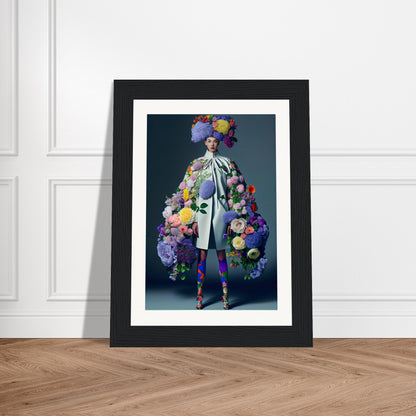 Framed photograph of a person wearing an extravagant floral costume and headpiece.