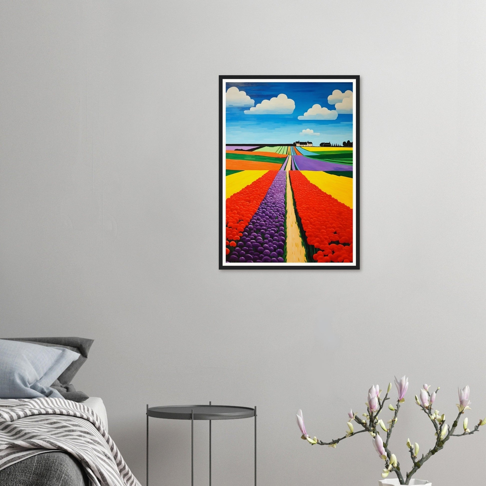 Colorful painting of vibrant flower fields stretching to the horizon in a framed picture.