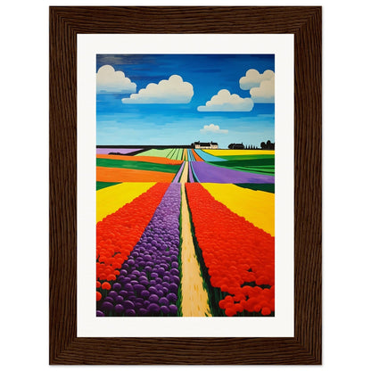 Colorful painting of flower fields stretching towards the horizon.