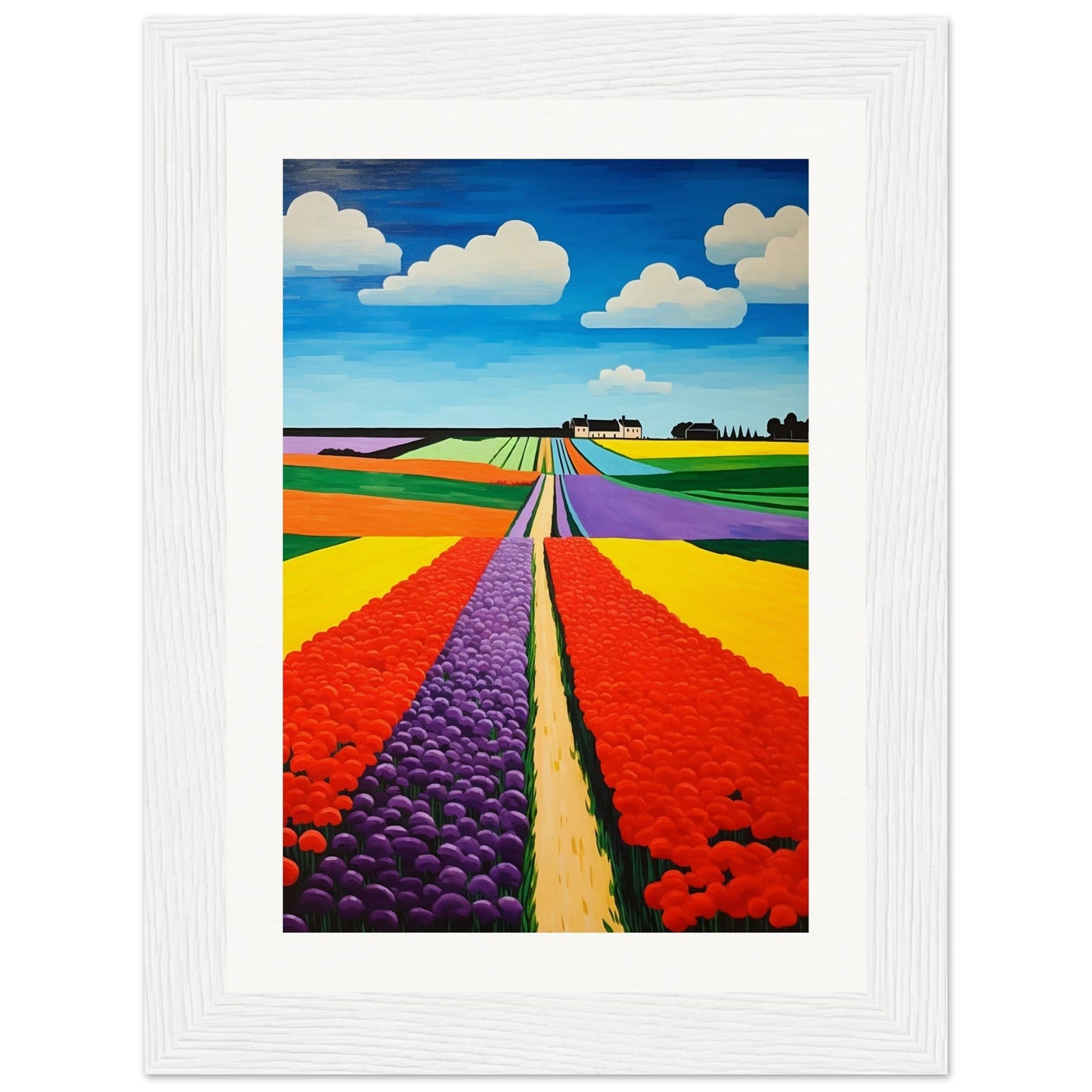 Colorful painting of flower fields stretching to the horizon.