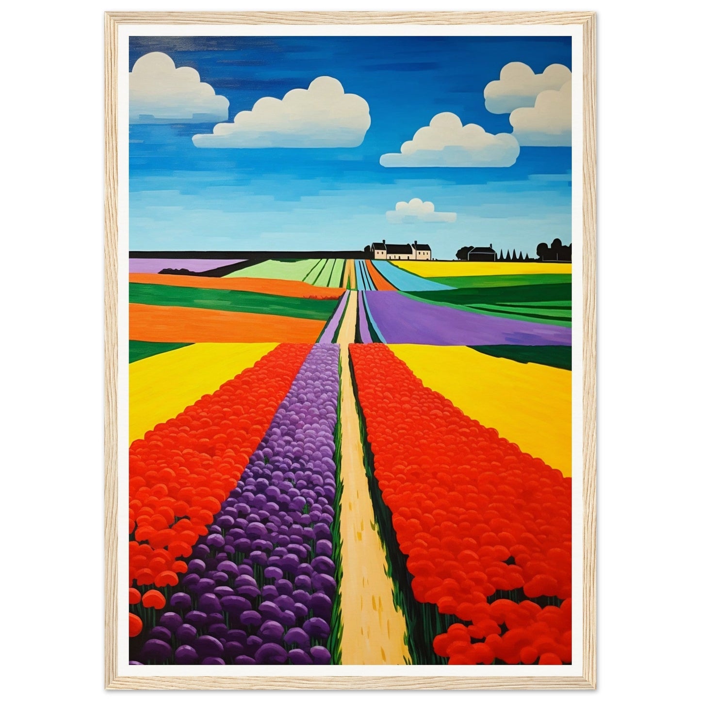 Colorful landscape painting of flower fields stretching to the horizon.