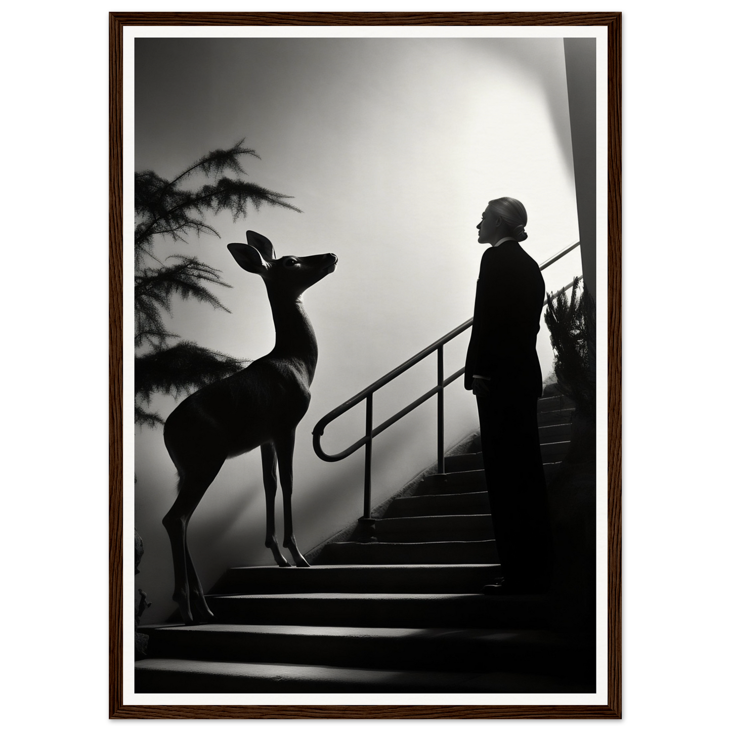 Silhouette of a person and a deer standing on stairs.