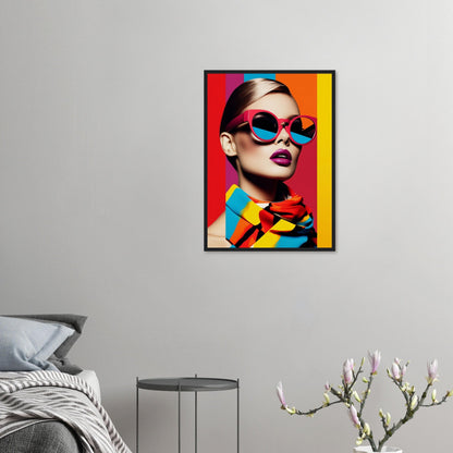 Vibrant pop art-style portrait of a woman wearing colorful sunglasses and clothing against a bright background.