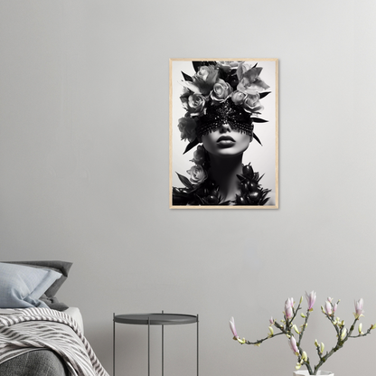 Striking black and white portrait of a woman with feathers and abstract elements obscuring part of her face.