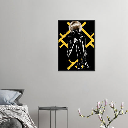 Stylized artwork of a figure in a black outfit with yellow X shapes behind them.