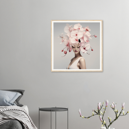 Framed artwork featuring a surreal portrait with orchid blossoms as hair.