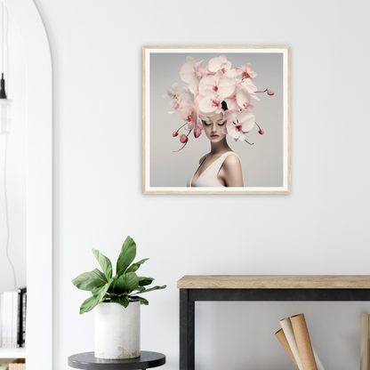 Framed artwork featuring a figure wearing an elaborate floral headdress of pink orchids.