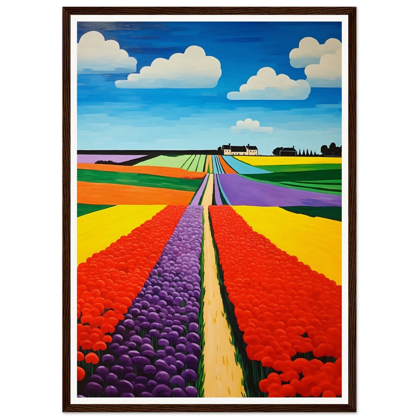 Colorful painting of vibrant flower fields stretching towards the horizon.