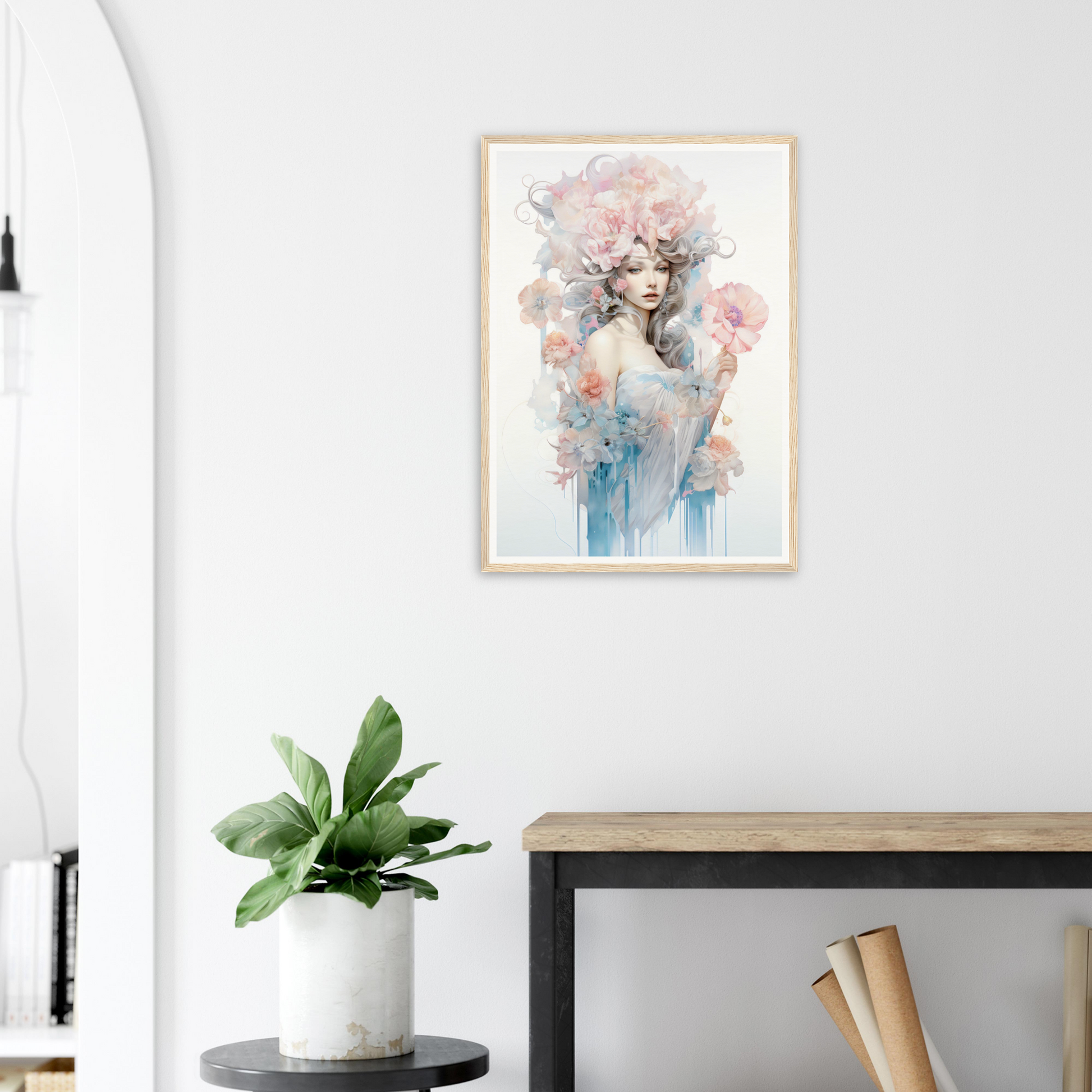 Framed watercolor-style portrait of a figure with floral and ethereal elements.