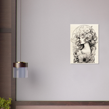 Framed black and white illustration of a woman with flowing hair and floral elements.