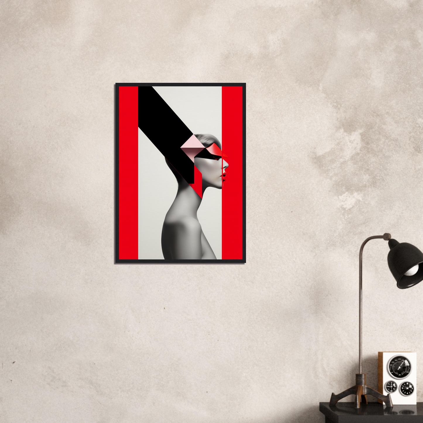 Framed artistic portrait featuring a person with geometric red and black elements.