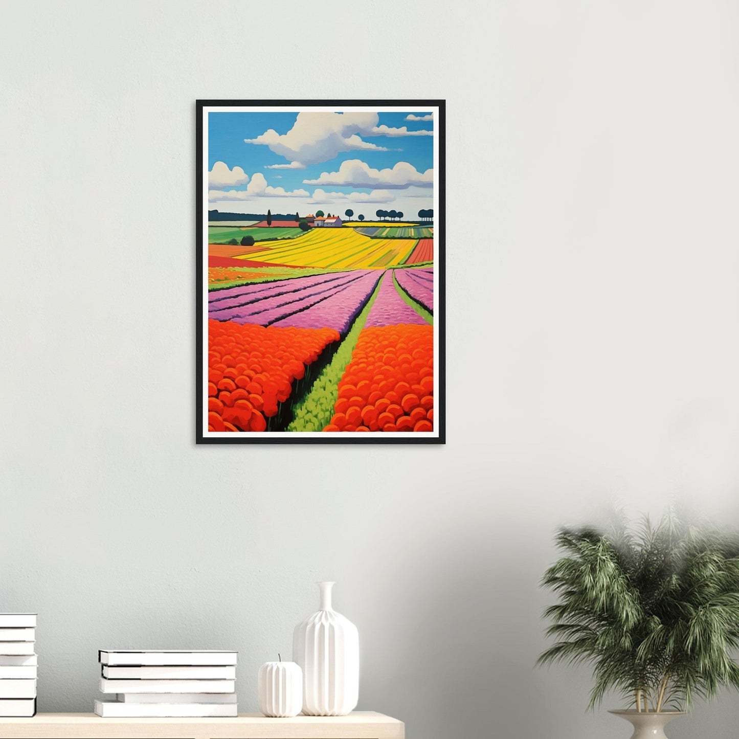 Framed photograph of colorful tulip fields stretching to the horizon.