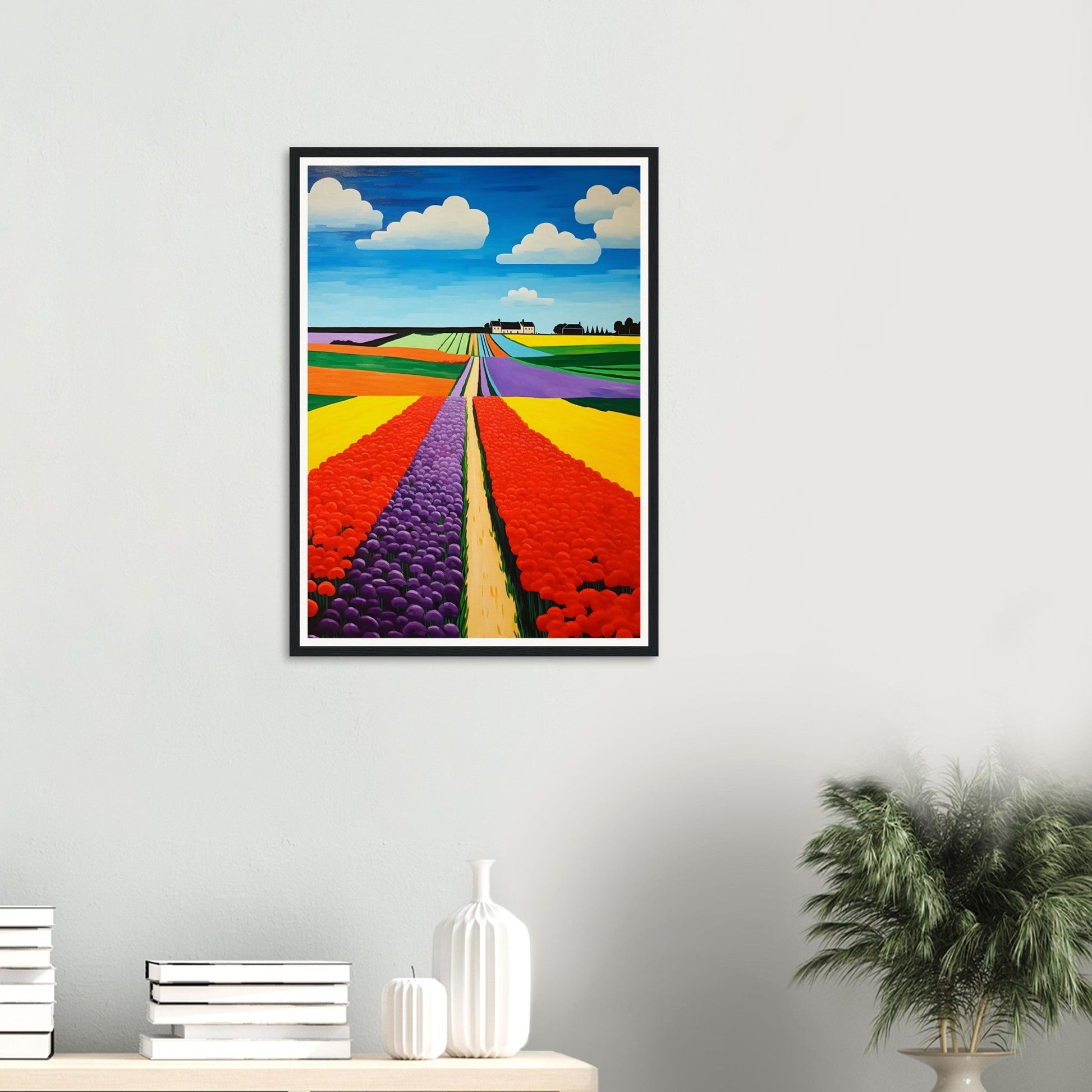 Colorful painting of flower fields stretching to the horizon in vibrant stripes.