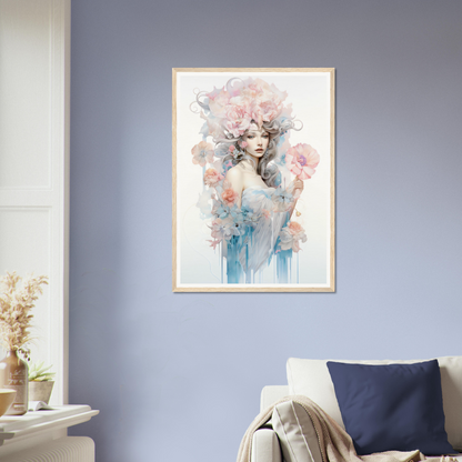 Framed watercolor portrait of a woman with ethereal, pastel-colored features and floral elements in her hair.