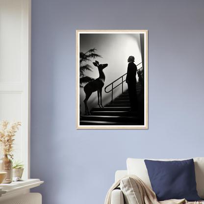 Framed black and white photograph showing silhouettes of a person on stairs and a deer-like animal.