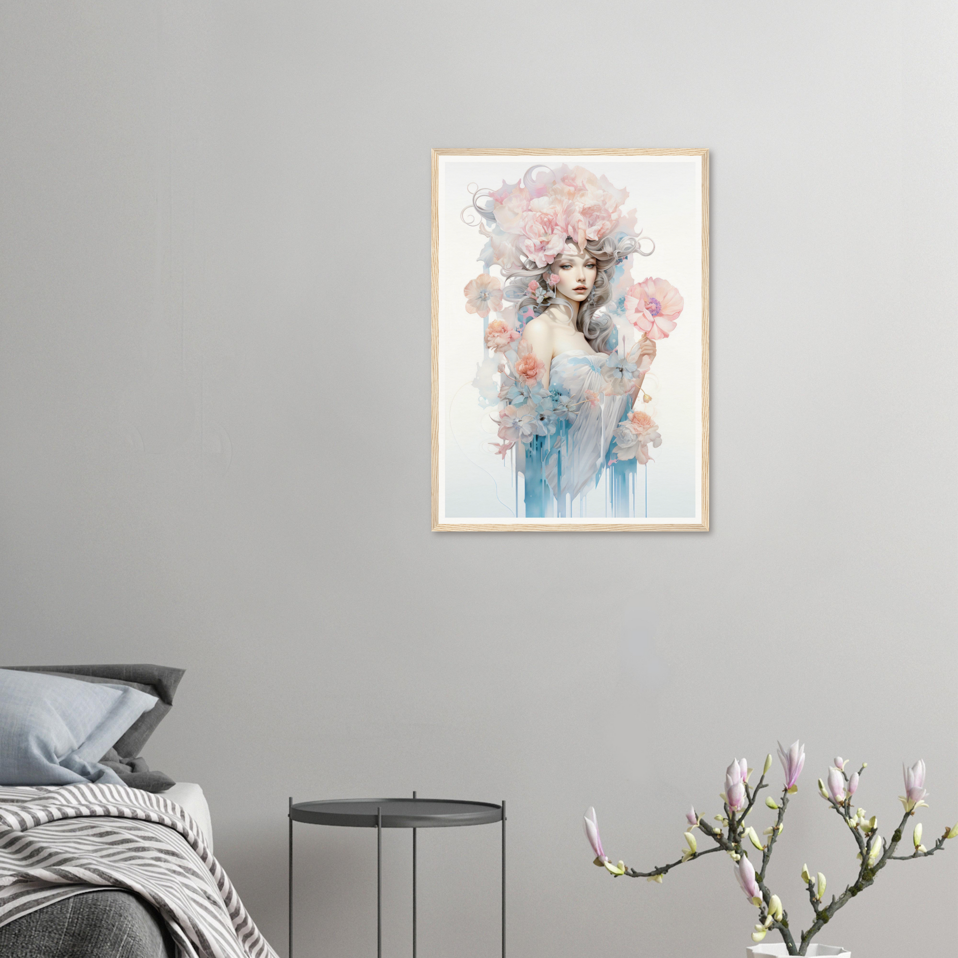 Framed watercolor-style portrait of a woman with flowing hair surrounded by soft pink and blue hues.