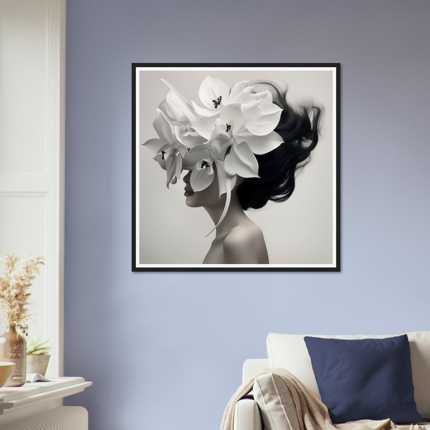 A high quality White Orchid Flower Head The Oracle Windows™ Collection poster of a woman with flowers in her hair, perfect for my wall.