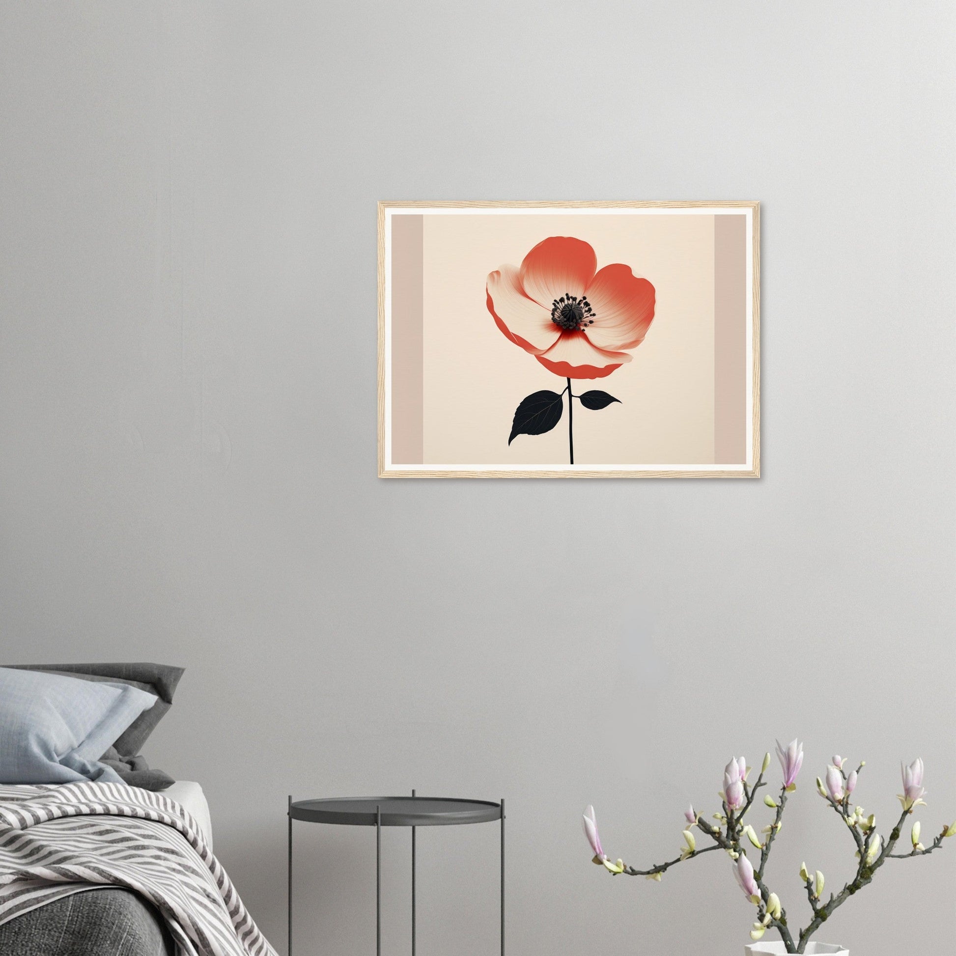 Framed artwork depicting a single red poppy flower with a black center and green stem.