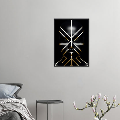 Abstract geometric design featuring intersecting white and gold lines on a black background.