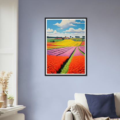 Colorful landscape painting of flower fields in a black frame.