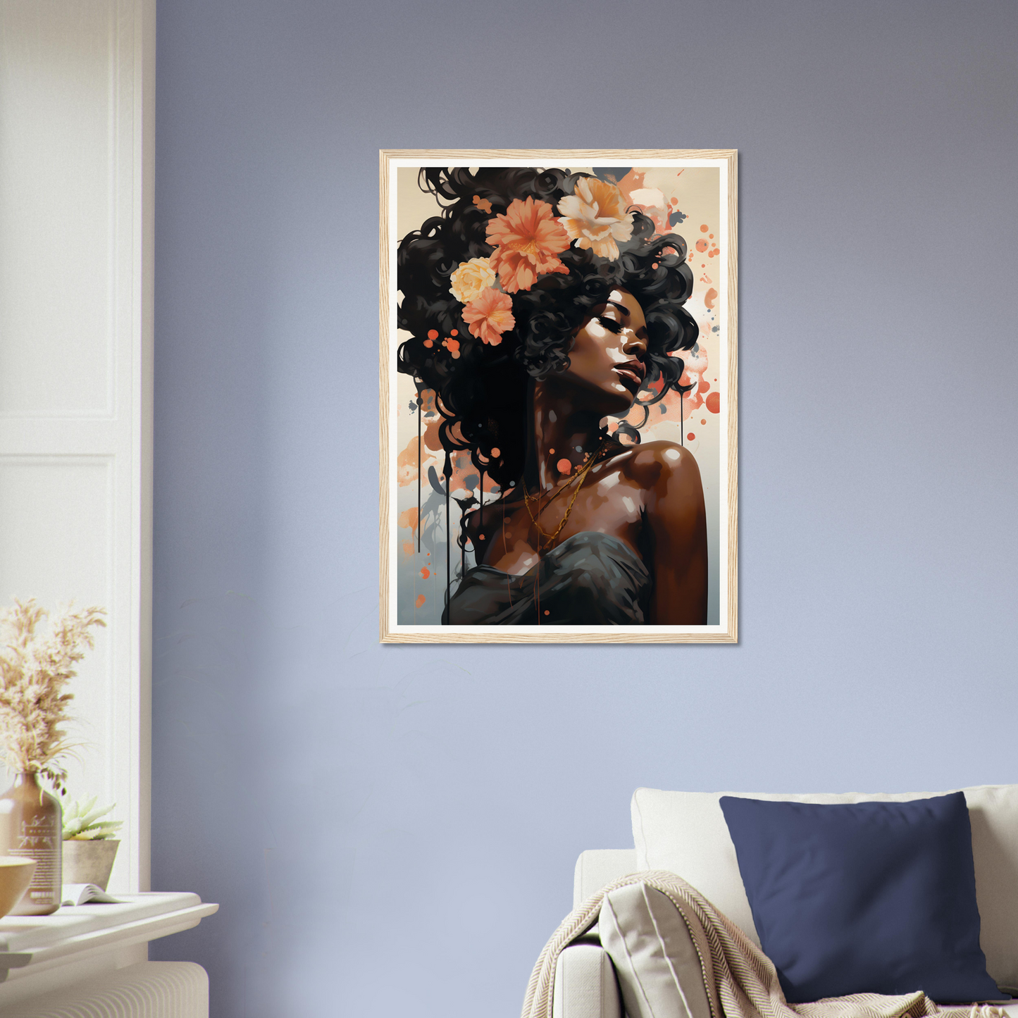 Framed artwork depicting a woman with flowers in her hair against a light background.