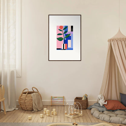 Framed wall art of Blooms Ballet with colorful geometric shapes and a stylized plant