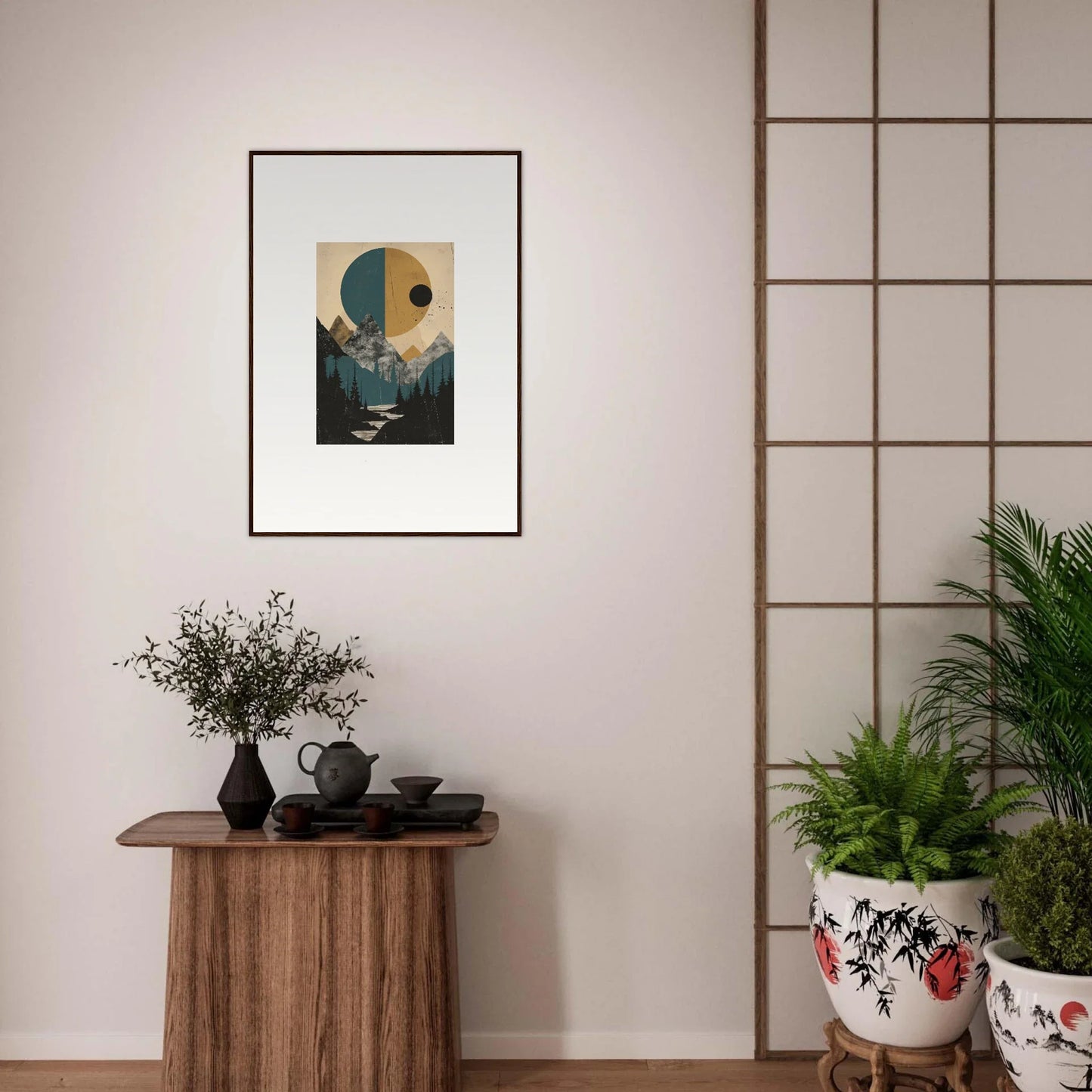 Framed wall art of geometric shapes in a mountainous landscape, perfect room decor