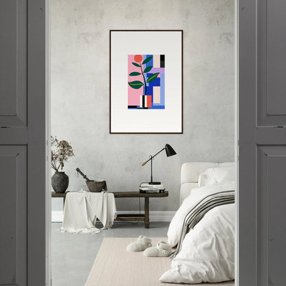 Framed abstract wall art of geometric shapes and stylized plant for blooms ballet room decor