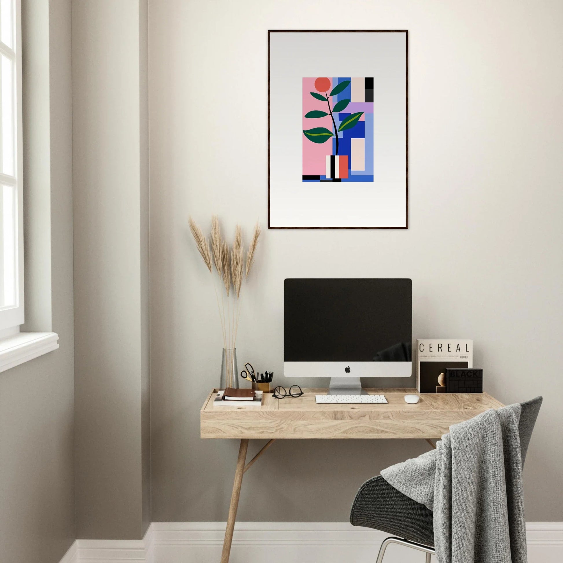 Framed abstract wall art with geometric shapes and blooms ballet elements in pink and blue