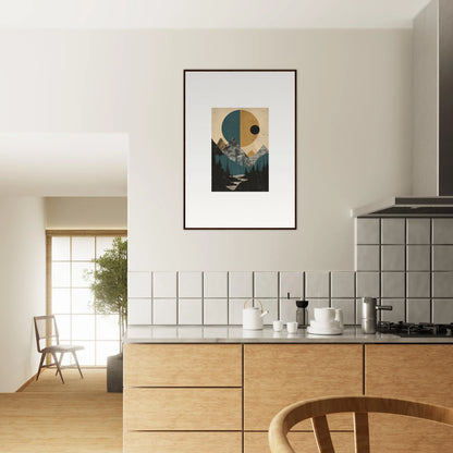 Framed wall art of abstract geometric shapes and mountain landscape for elegant room decor