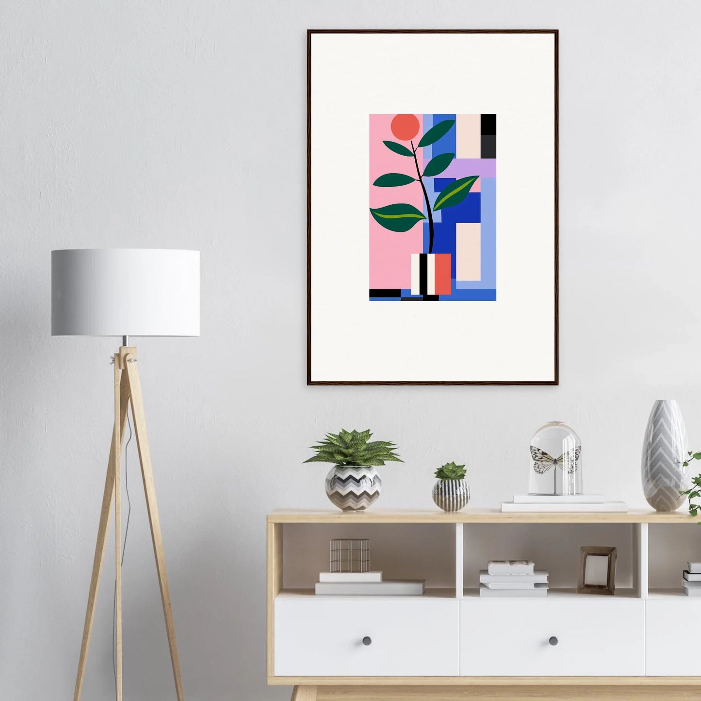 Framed wall art of geometric shapes and stylized plant for blooms ballet room decor