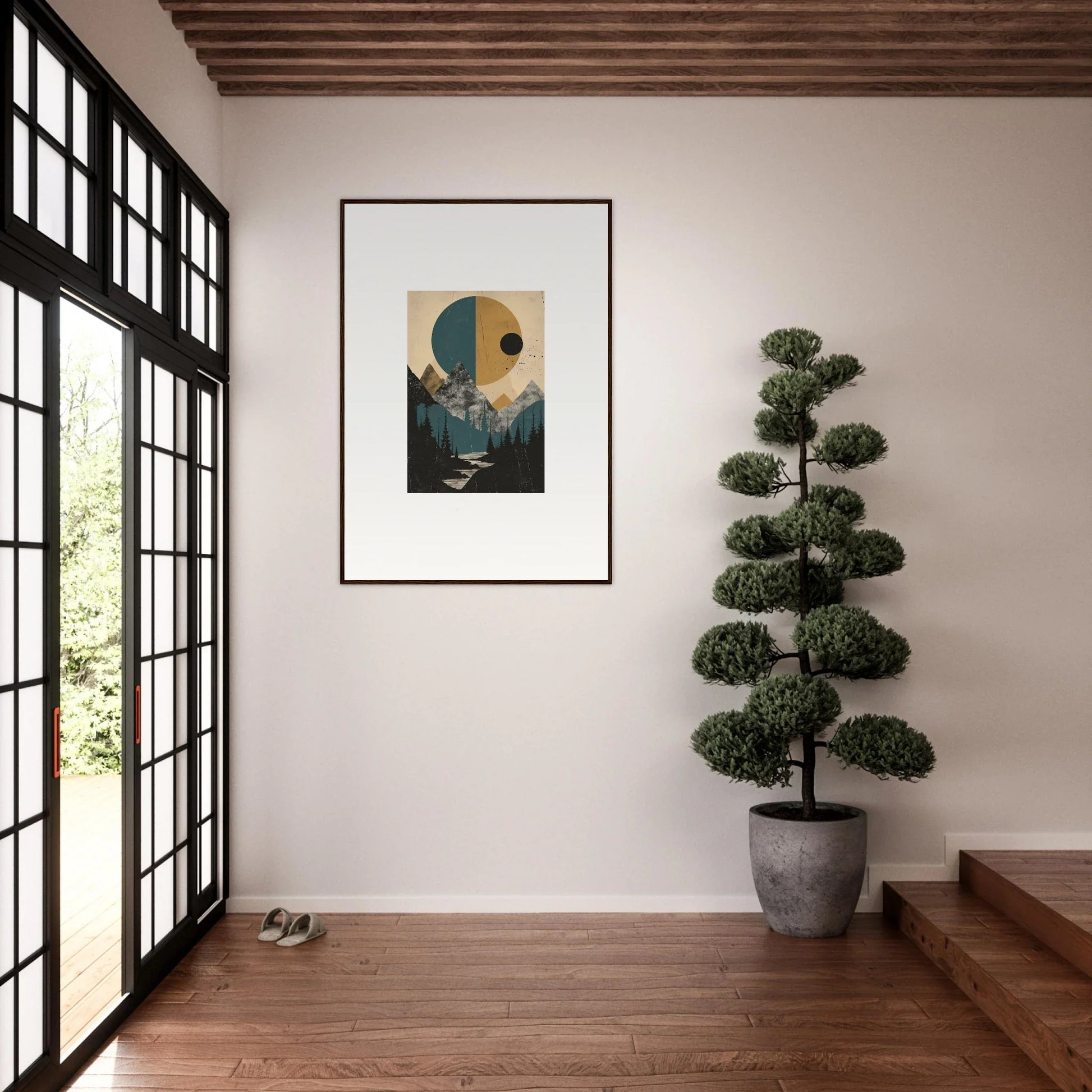 Framed wall art of geometric shapes and a mountainous landscape for stylish room decor