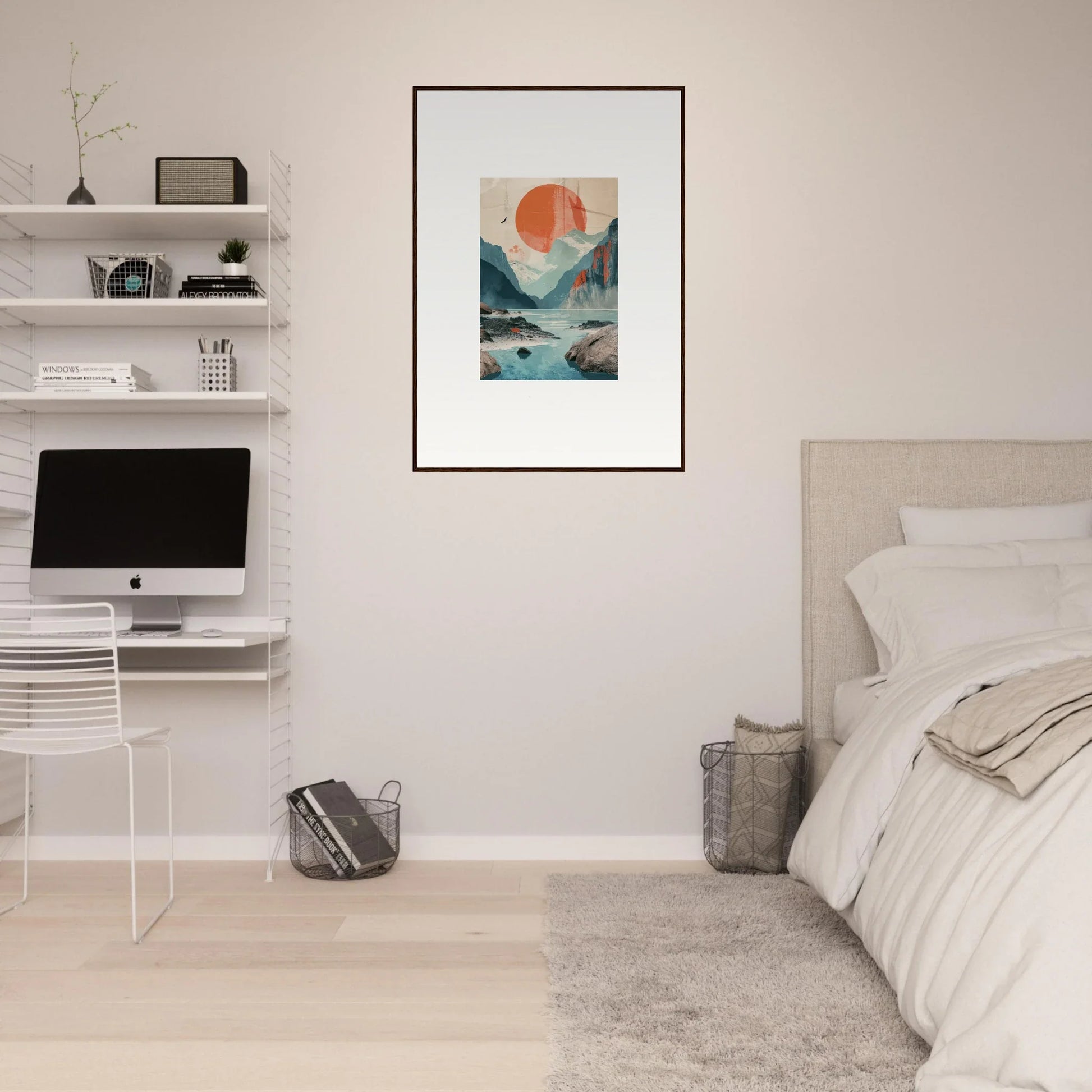 Framed wall art of Wistful Sun Echoes with geometric shapes and sunset in mountains