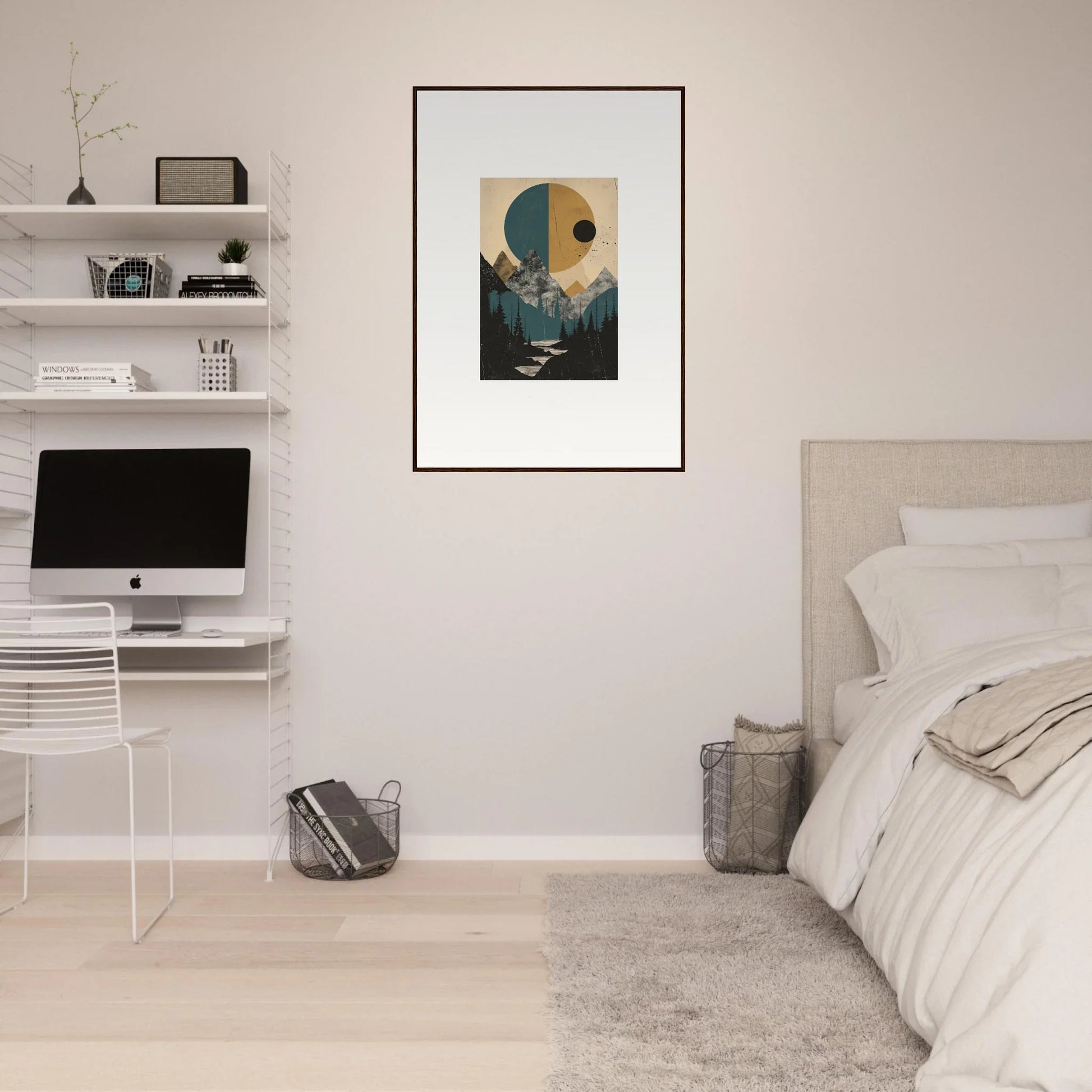 Framed wall art featuring geometric shapes and a mountainous landscape in Eclipse Oasis