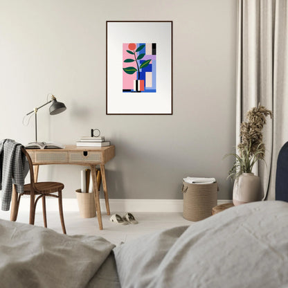 Framed abstract blooms ballet wall art with vibrant geometric shapes and plant form