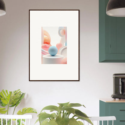 Framed wall art with light blue sphere and pastel shapes for cosmic timeless room decor