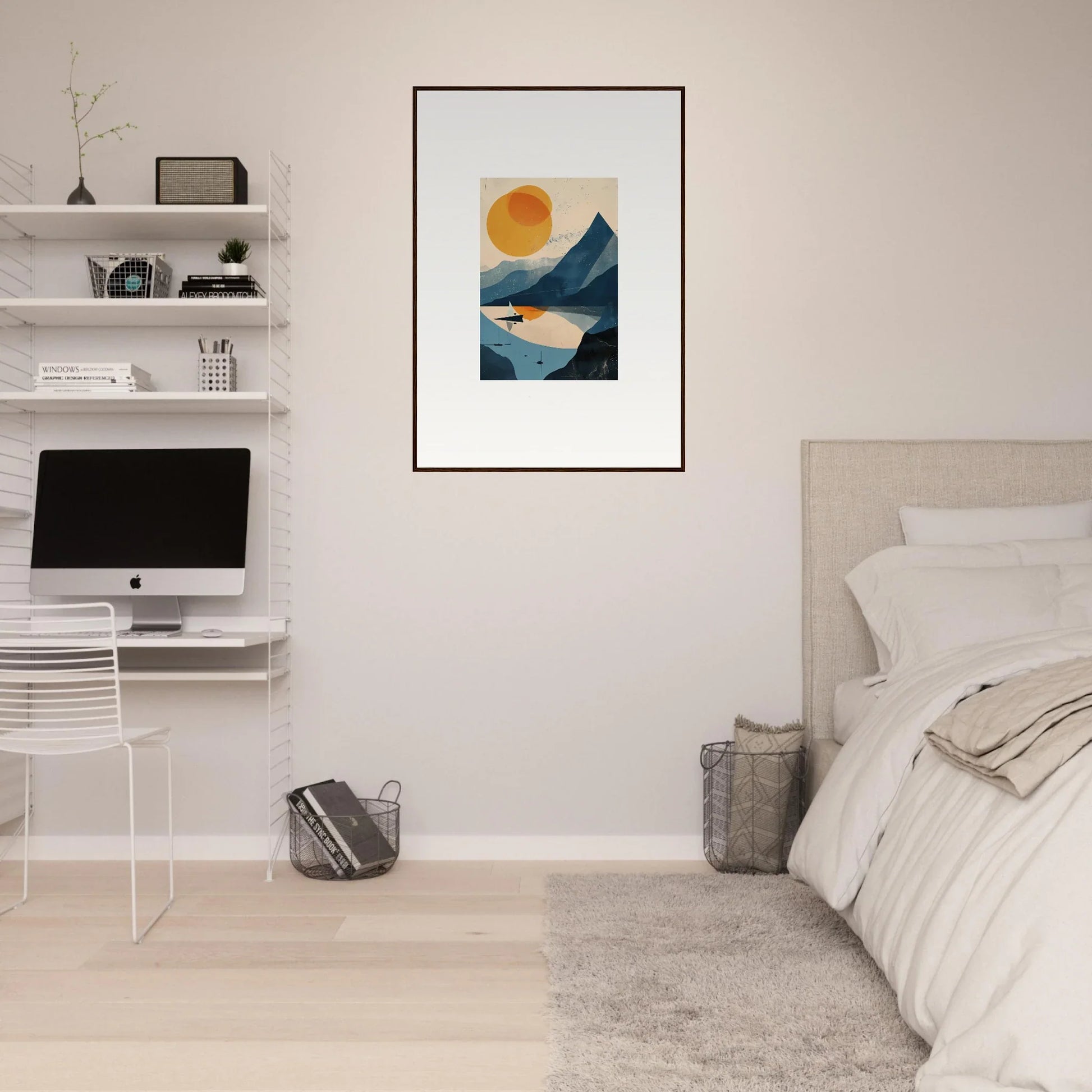 Framed abstract artwork of mountains and sun, perfect for room decor and canvas prints