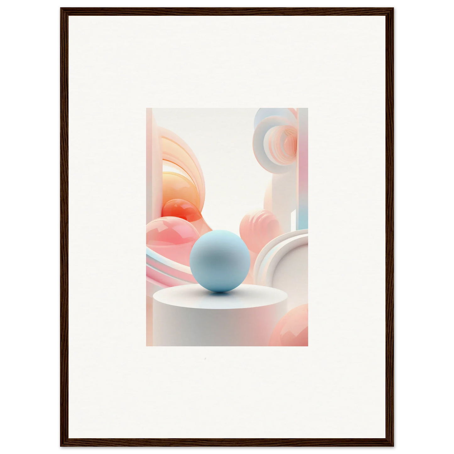 Framed wall art of pastel geometric shapes and a blue sphere for cosmic timeless room decor