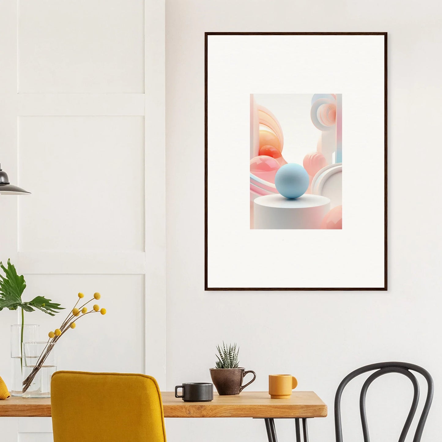 Framed wall art of pastel geometric shapes for cosmic timeless room decor