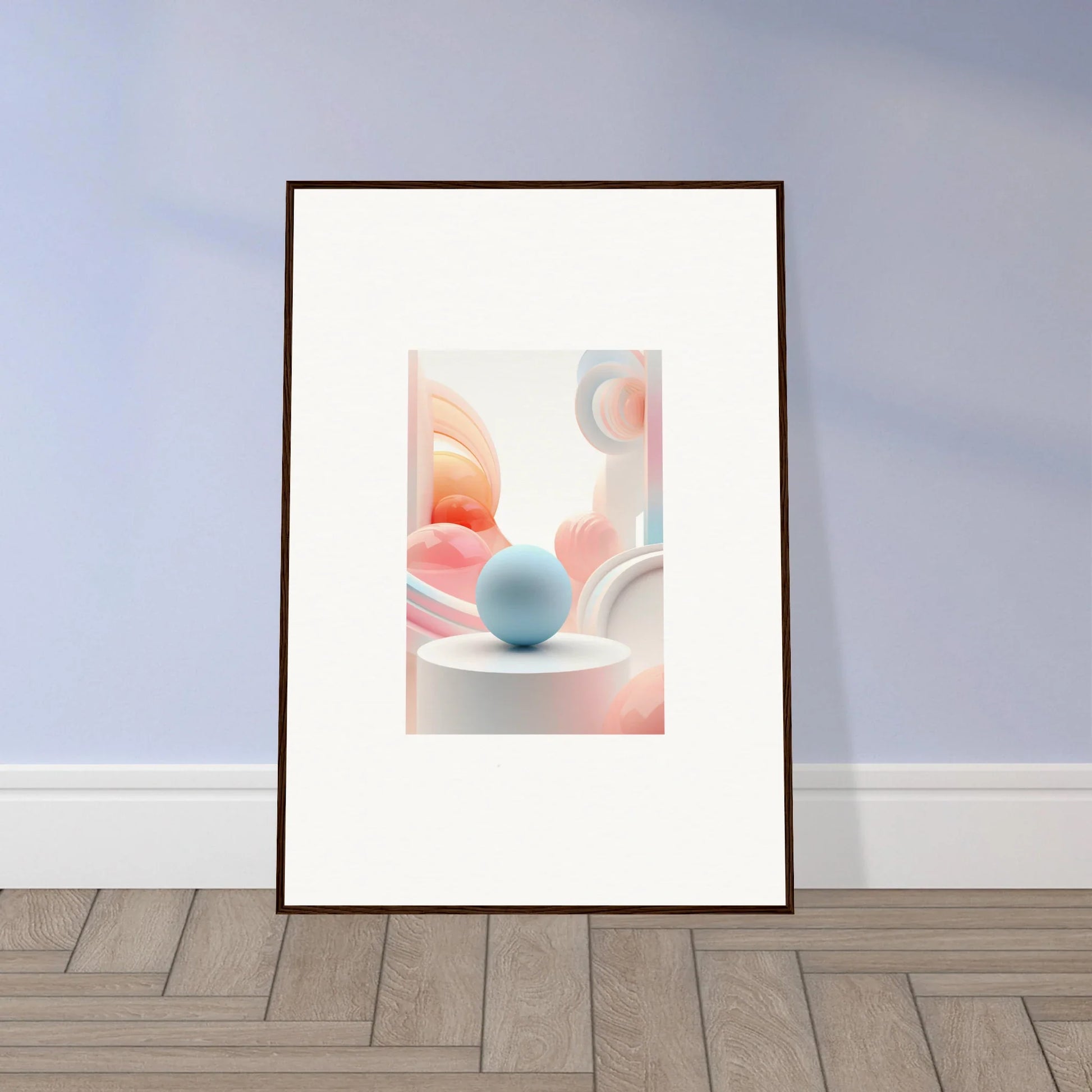 Framed wall art featuring pastel geometric shapes and a light blue sphere for cosmic timeless room decor