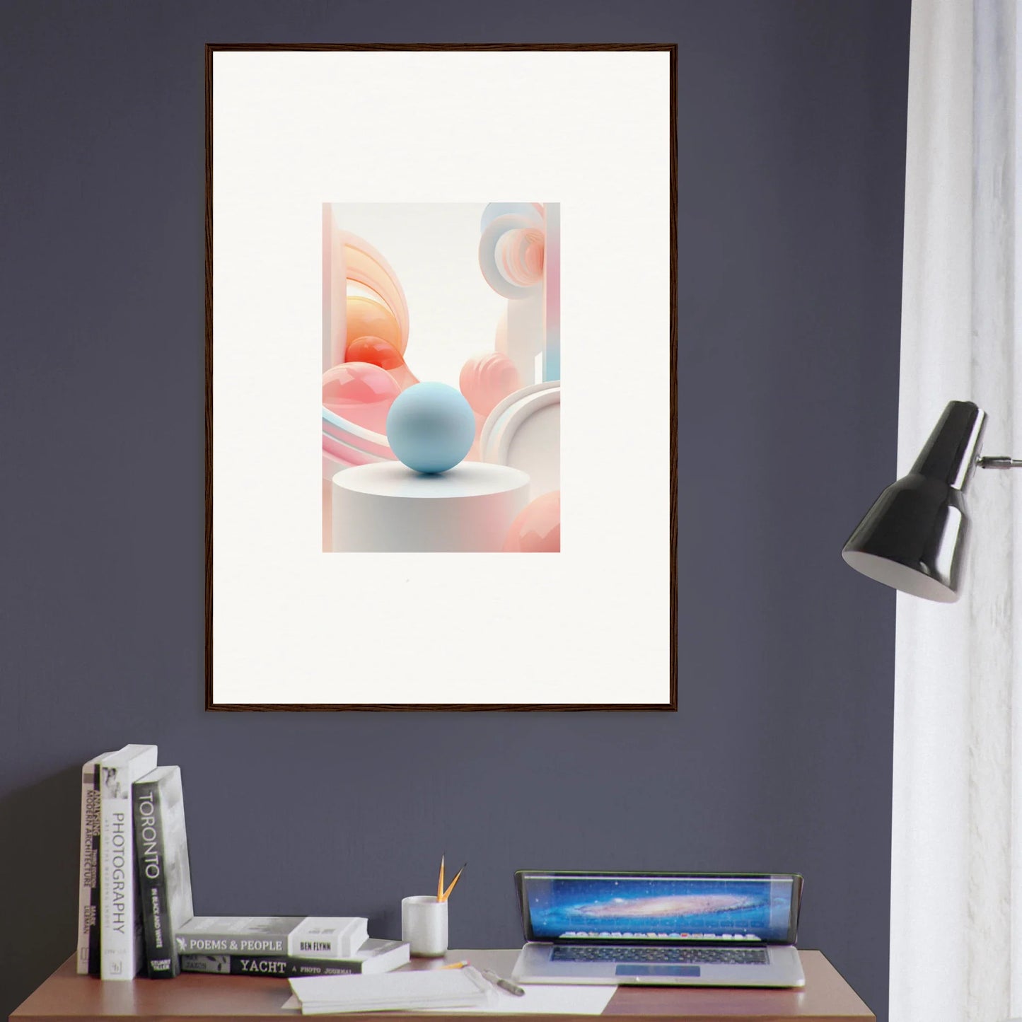 Framed wall art featuring pastel shapes and a blue sphere, perfect for cosmic timeless room decor