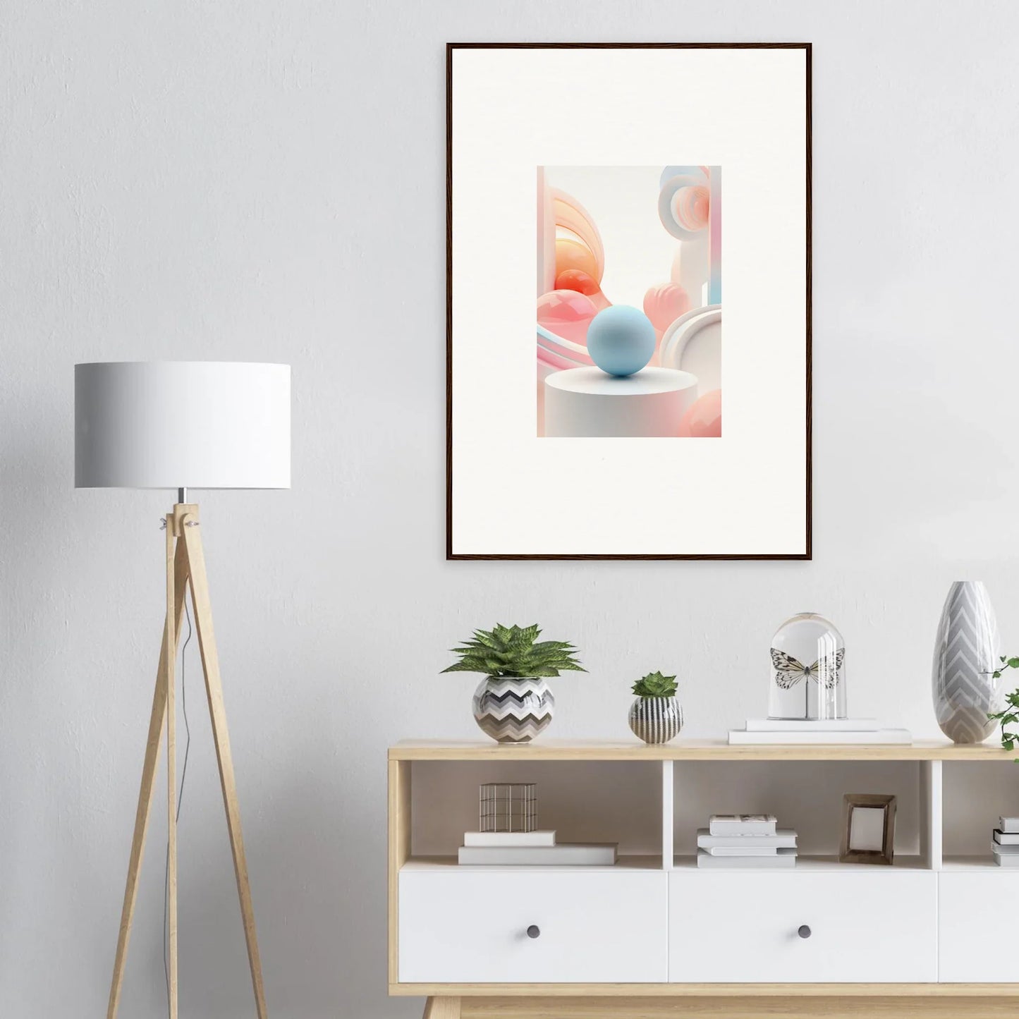 Framed wall art featuring soft pastel shapes and a blue sphere for cosmic timeless room decor