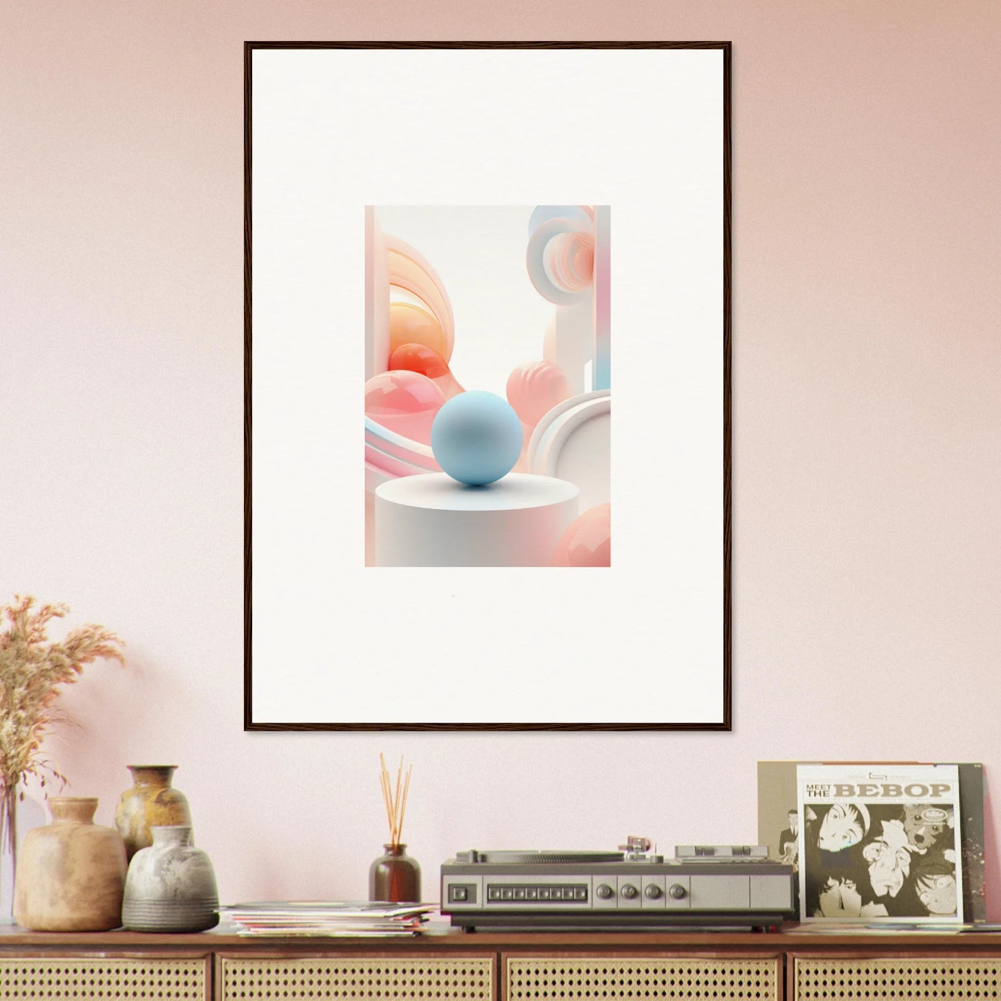 Framed wall art featuring soft pastel shapes and a blue sphere, cosmic timeless room decor