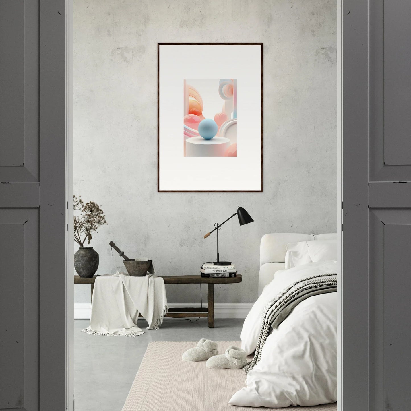 Framed wall art featuring soft pastel shapes and a blue sphere for cosmic timeless room decor