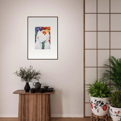 Framed abstract artwork with vibrant figures, perfect for room decor and canvas prints