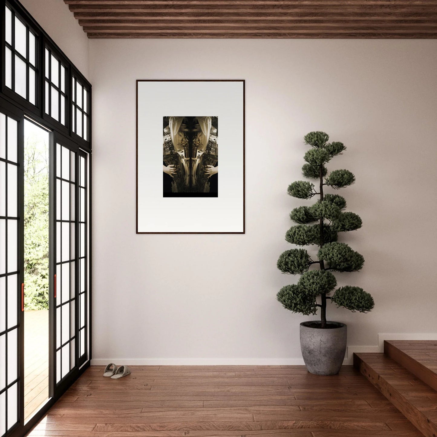 Framed wall art of symmetrical golden patterns, perfect for elegant room decor