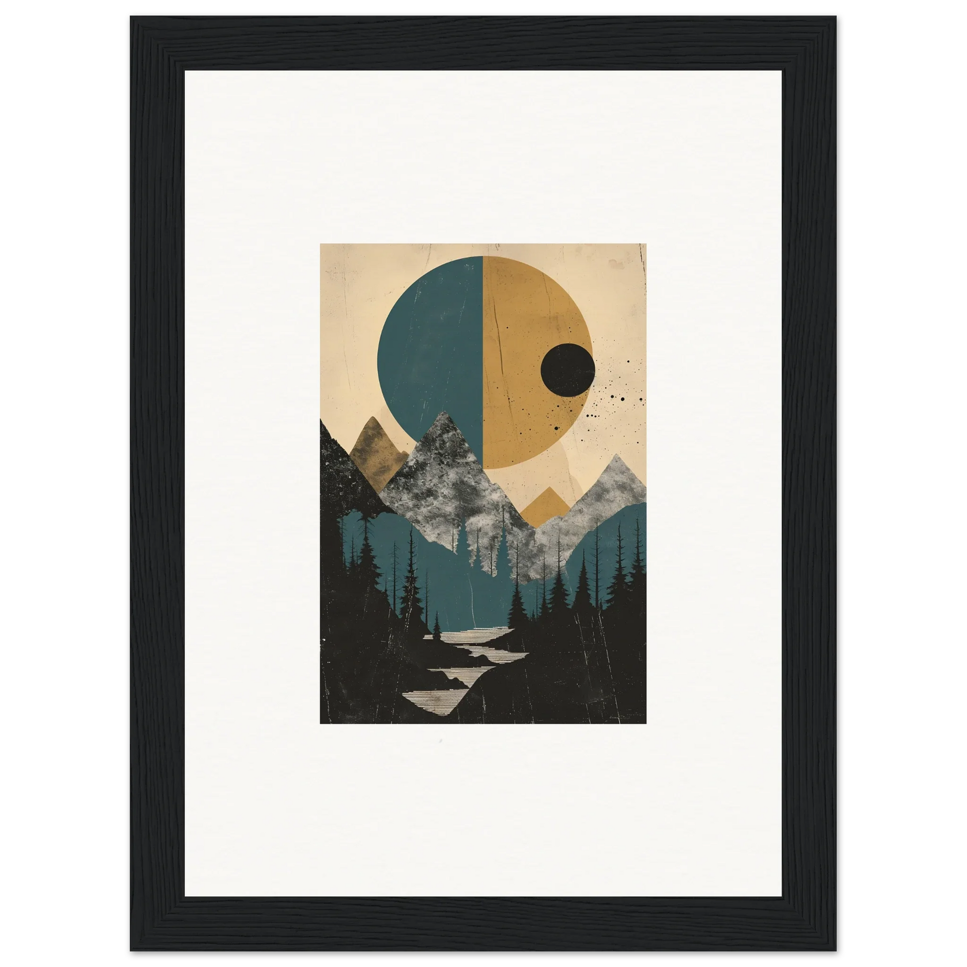 Framed abstract landscape wall art with geometric shapes and a sun for eclipse oasis room decor